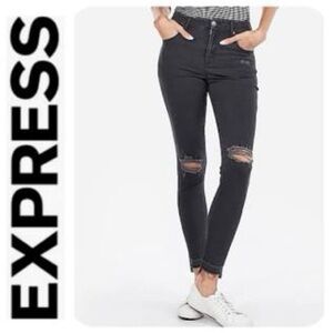 Express Mid Rise Faded Black Distressed Ripped Retro Skinny Jeans